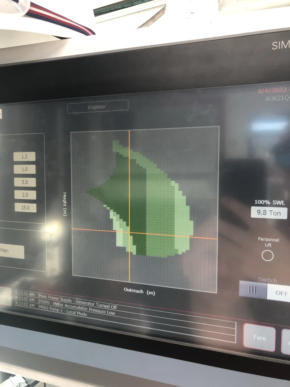 Crane HMI showing the height and outreach operating envelope, displayed safe working load, and event messages